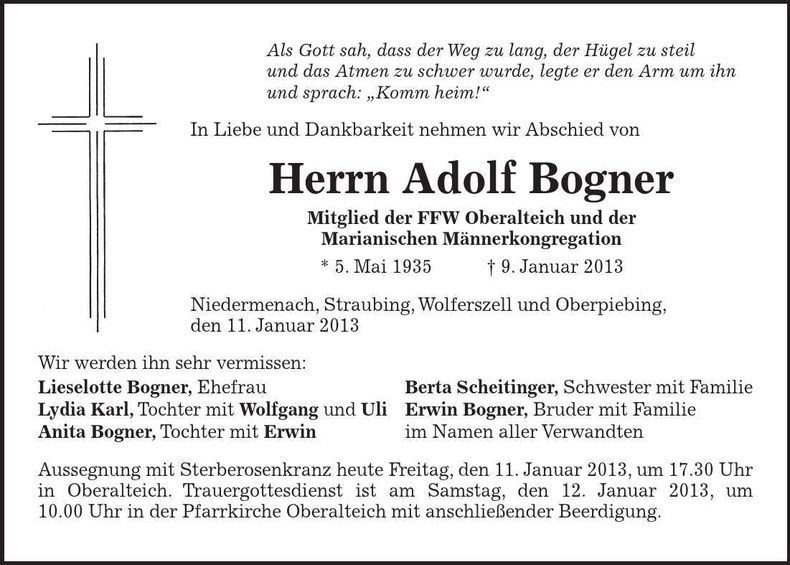 Traueranzeige Adolf Bogner