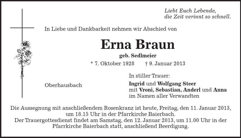 Traueranzeige Erna Braun