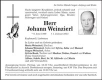 Traueranzeige Johann Weinzierl