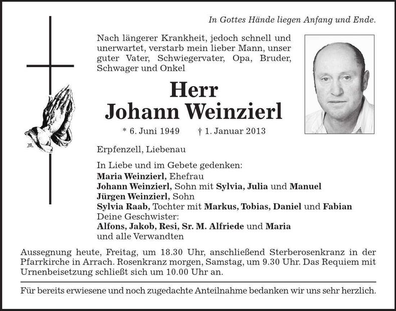Traueranzeige Johann Weinzierl