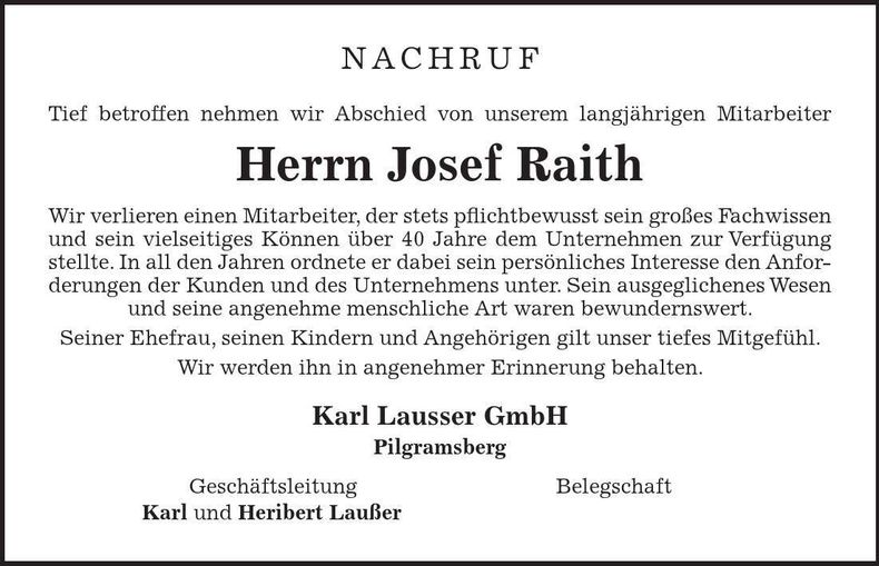 Traueranzeige Josef Raith