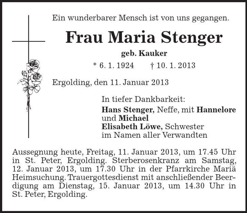 Traueranzeige Maria Stenger
