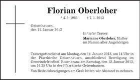 Traueranzeige Florian Oberloher