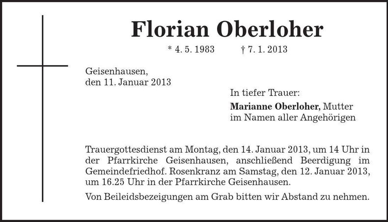 Traueranzeige Florian Oberloher