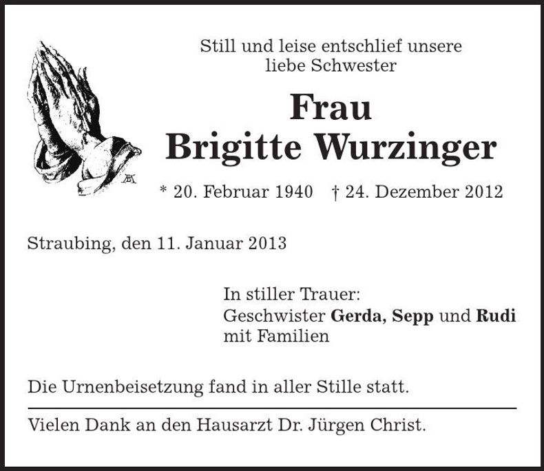 Traueranzeige Brigitte Wurzinger