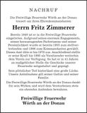 Traueranzeige Fritz Zimmerer