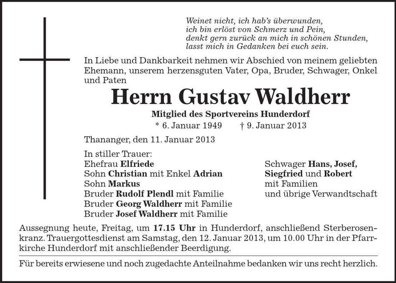 Traueranzeige Gustav Waldherr