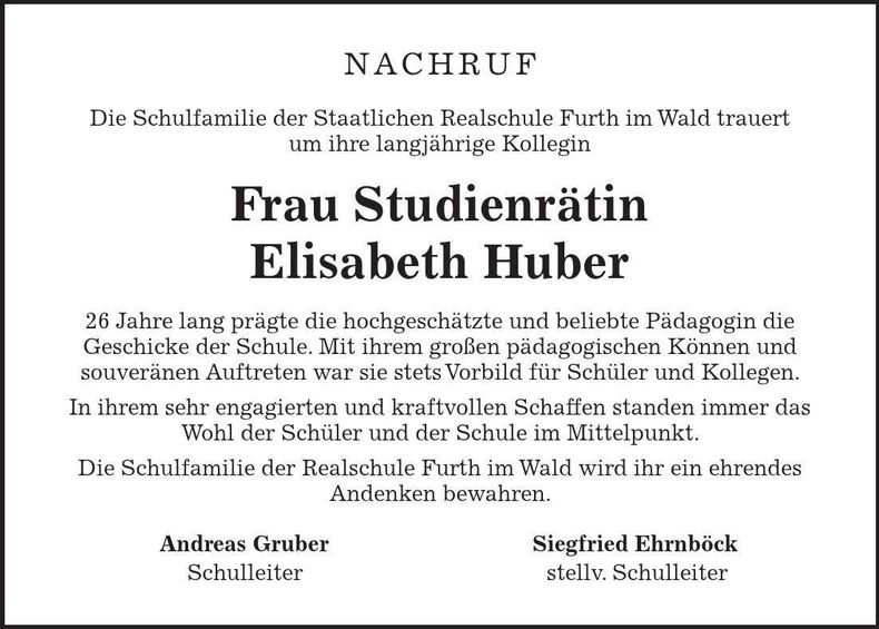 Traueranzeige Elisabeth Huber