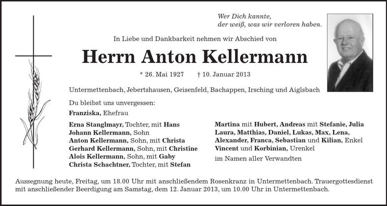 Traueranzeige Anton Kellermann