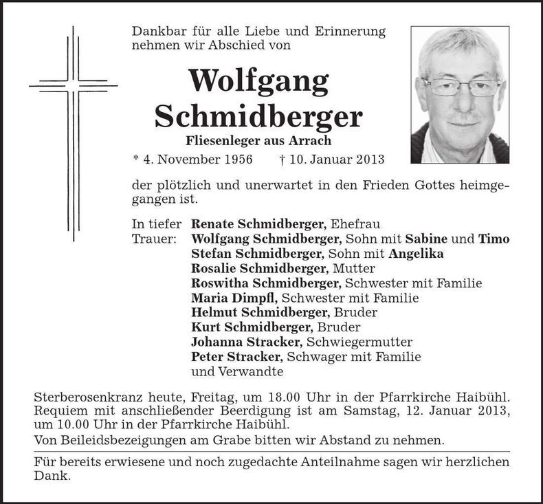Traueranzeige Wolfgang Schmidberger