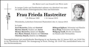 Traueranzeige Frieda Hastreiter