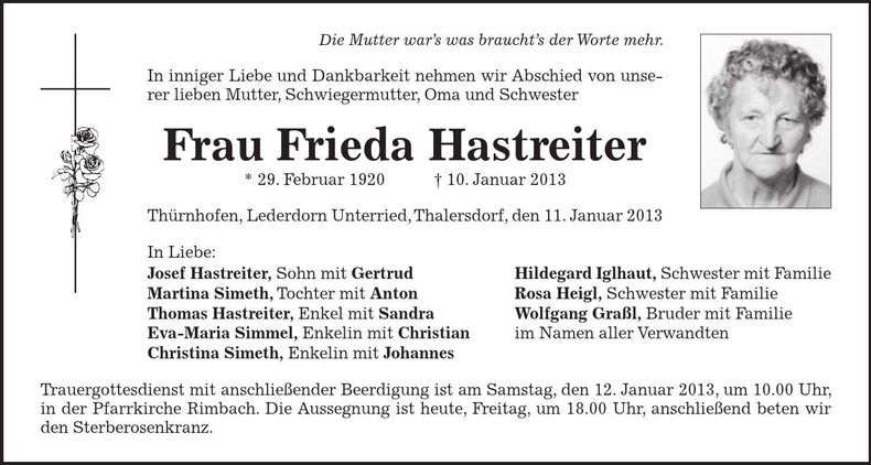 Traueranzeige Frieda Hastreiter