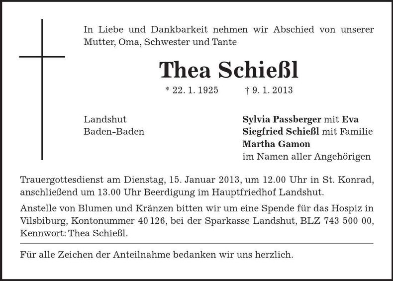 Traueranzeige Thea Schießl