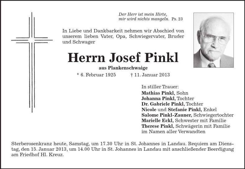 Traueranzeige Josef Pinkl