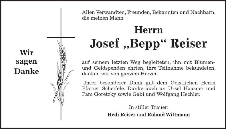 Traueranzeige Josef Reiser