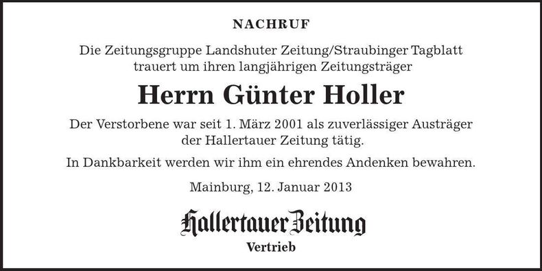 Traueranzeige Günter Holler