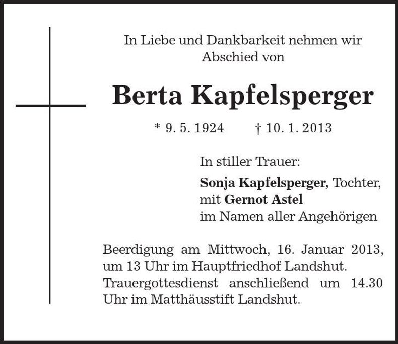 Traueranzeige Berta Kapfelsperger