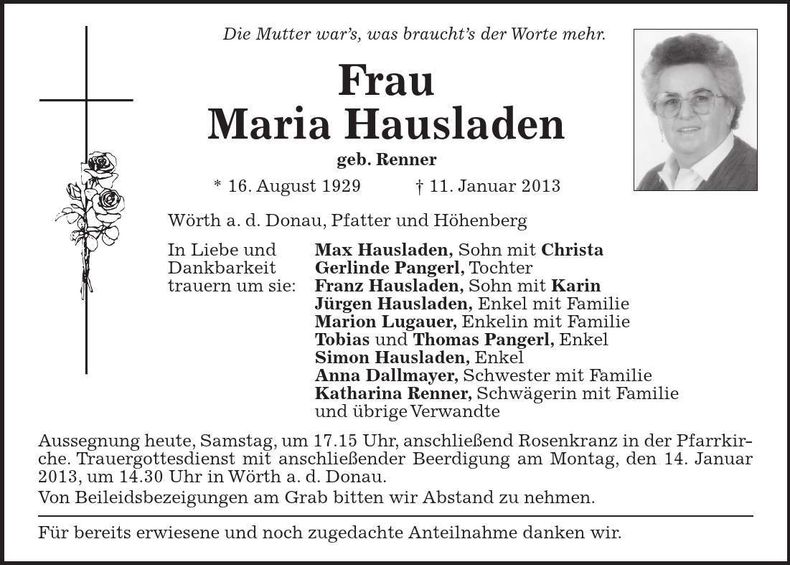Traueranzeige Maria Hausladen