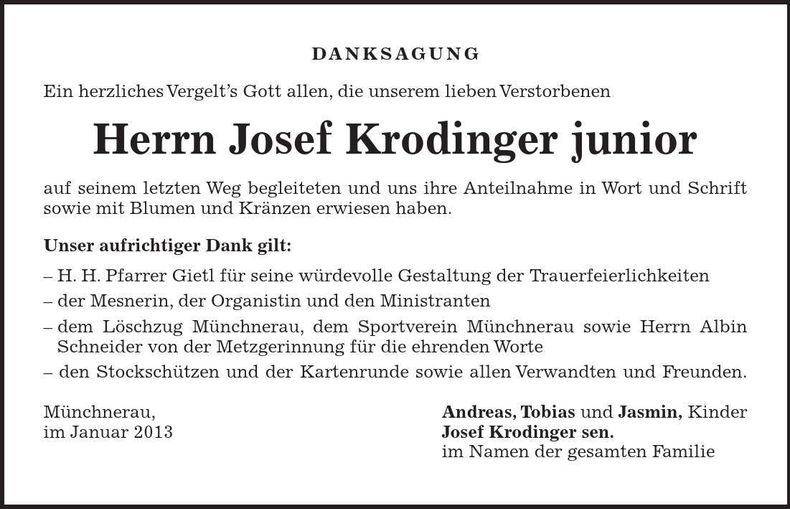 Traueranzeige Josef Krodinger