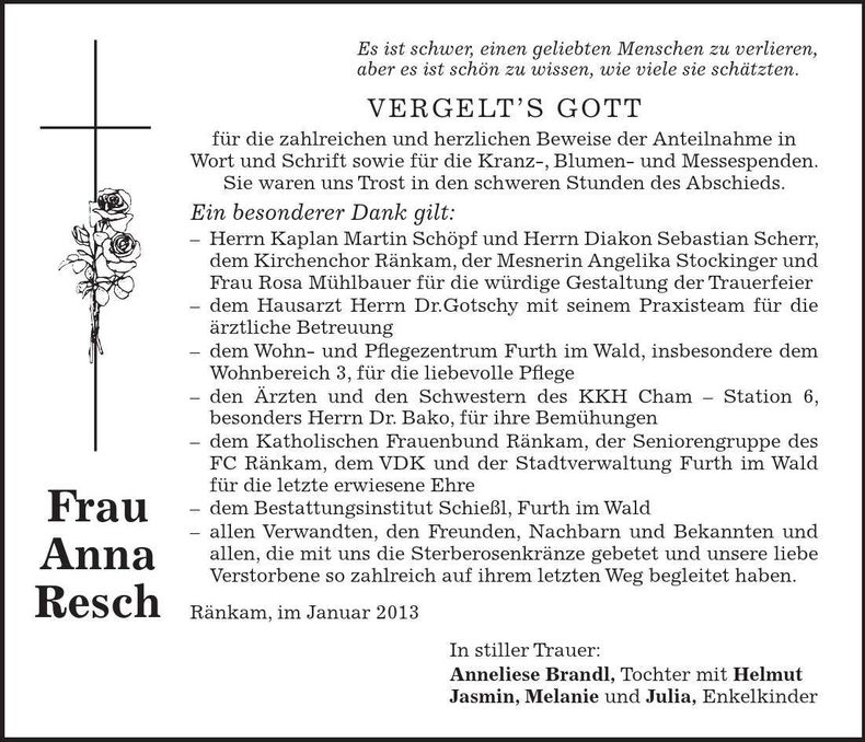 Traueranzeige Anna Resch