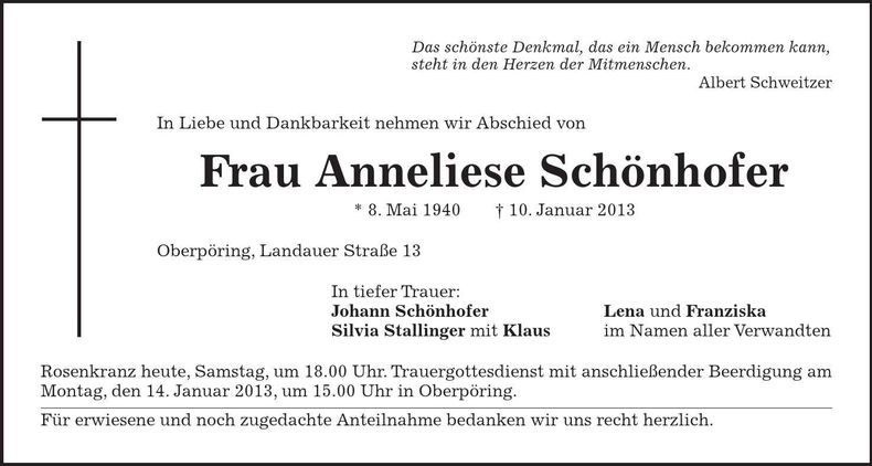 Traueranzeige Anneliese Schönhofer