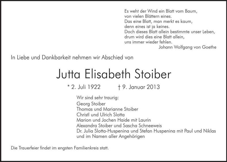 Traueranzeige Jutta Elisbetz Stoiber