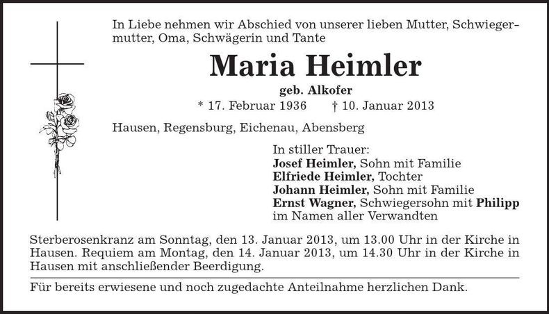 Traueranzeige Maria Heimler