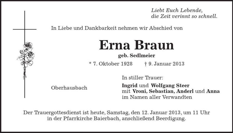 Traueranzeige Erna Braun