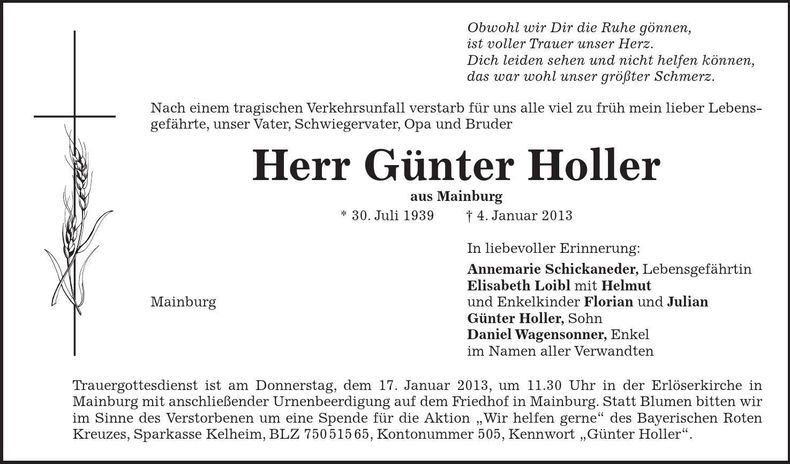 Traueranzeige Günter Holler