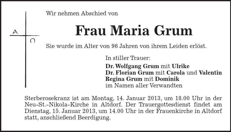 Traueranzeige Maria Grum