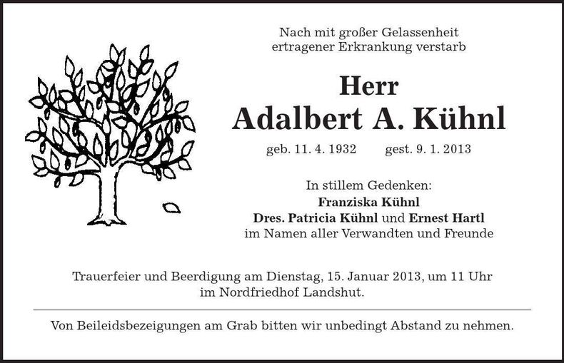 Traueranzeige Adalbert A. Kühnl