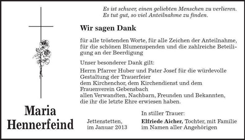Traueranzeige Maria Hennerfeind