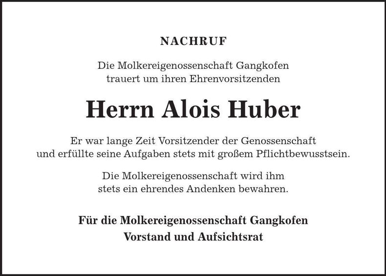 Traueranzeige Alois Huber