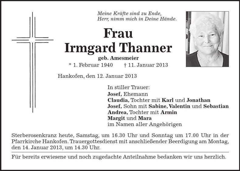 Traueranzeige Irmgard Thanner