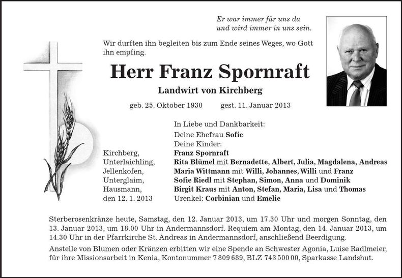 Traueranzeige Franz Spornraft
