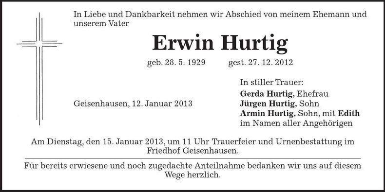 Traueranzeige Erwin Hurtig