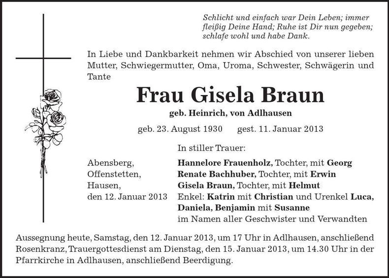 Traueranzeige Gisela Braun