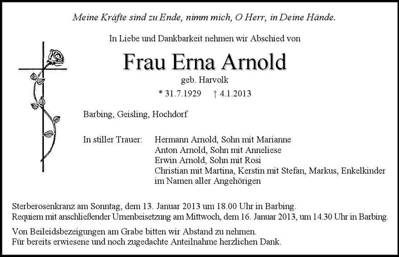Traueranzeige Erna Arnold