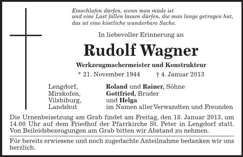 Traueranzeige Rudolf Wagner