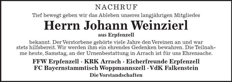 Traueranzeige Johann Weinzierl