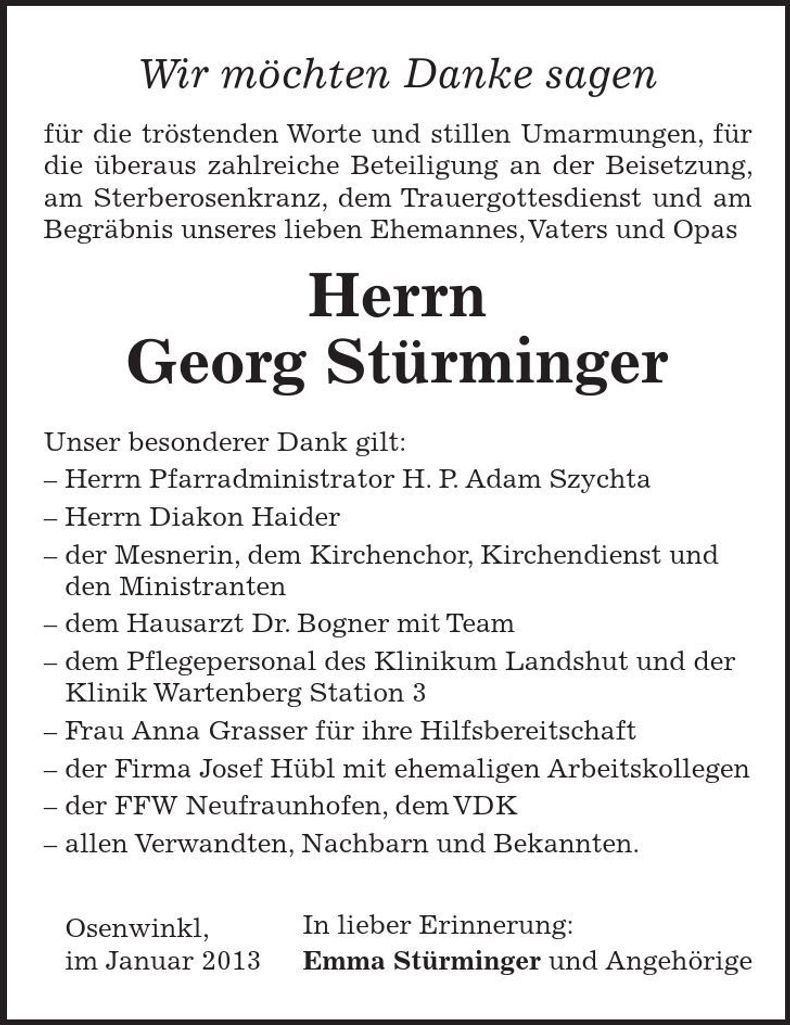 Traueranzeige Georg Stürminger