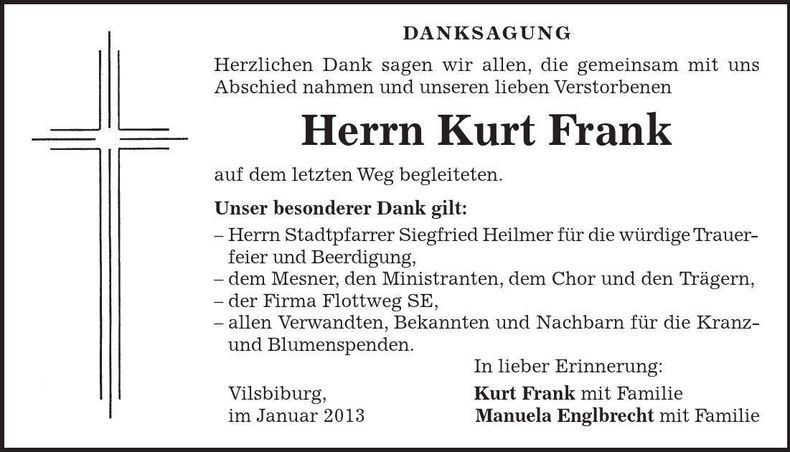 Traueranzeige Kurt Frank