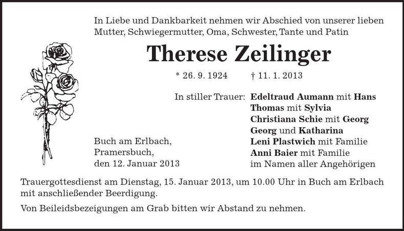 Traueranzeige Therese Zeilinger