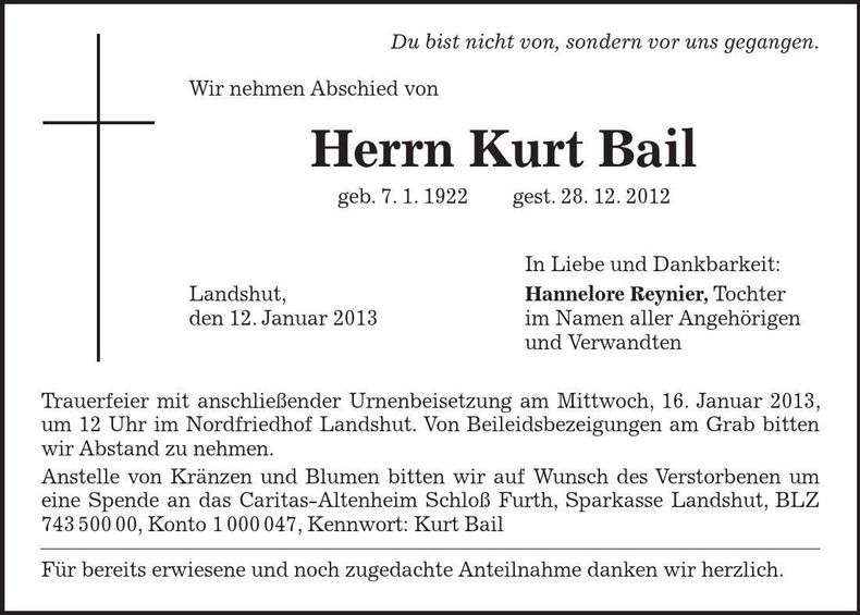 Traueranzeige Kurt Bail