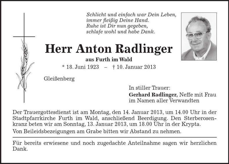 Traueranzeige Anton Radlinger