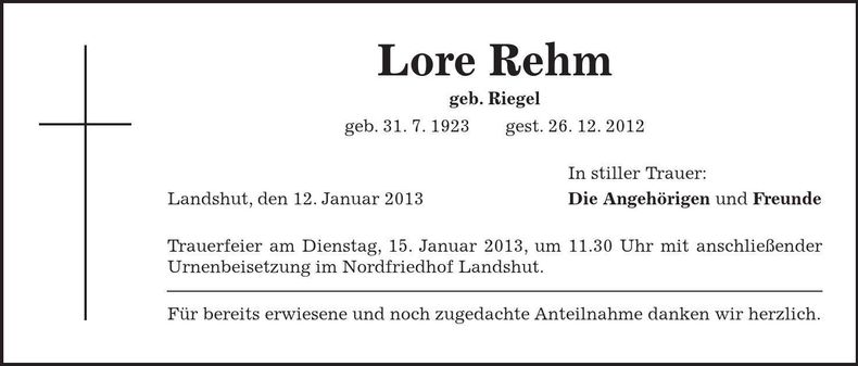 Traueranzeige Lore Rehm
