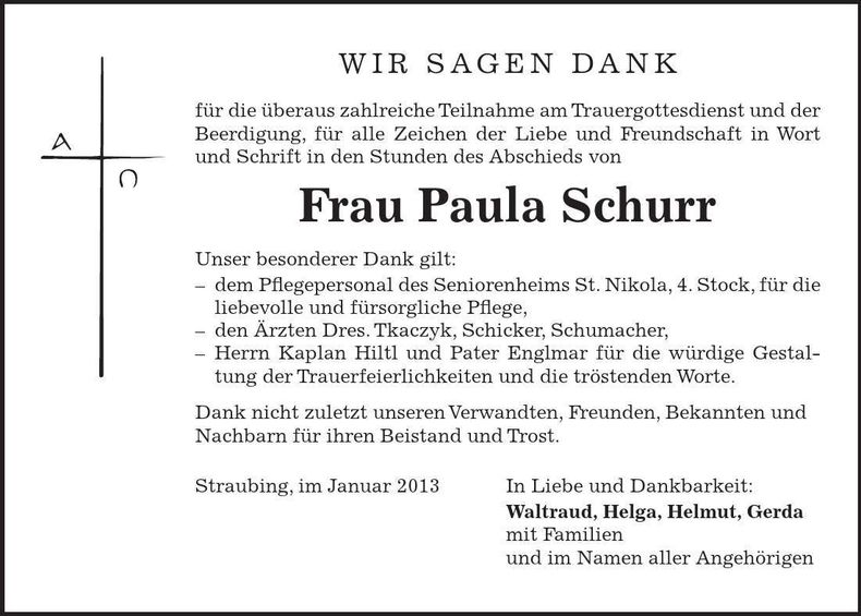 Traueranzeige Paula Schurr