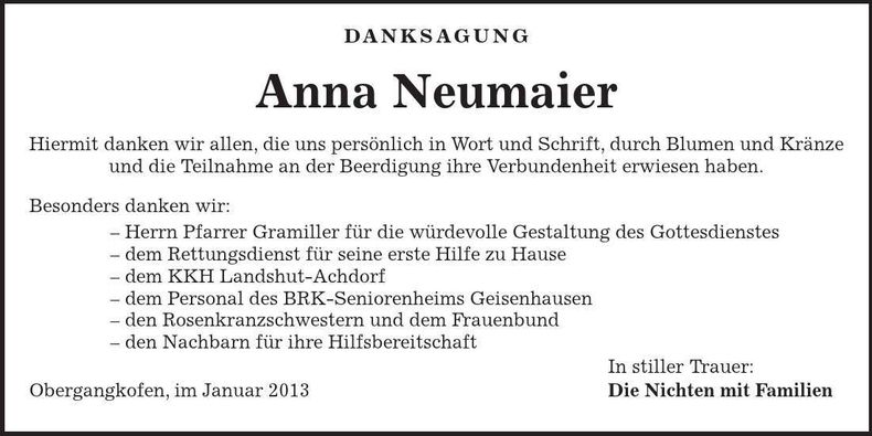 Traueranzeige Anna Neumaier