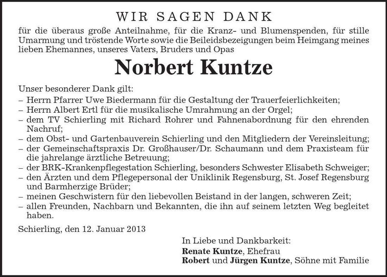 Traueranzeige Norbert Kuntze