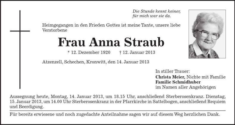 Traueranzeige Anna Straub